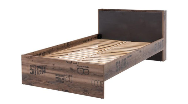 Wooden bed frame with a rustic design on a white background