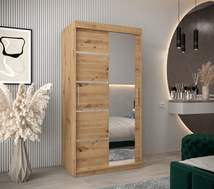 Wooden wardrobe with mirror in a bedroom setting