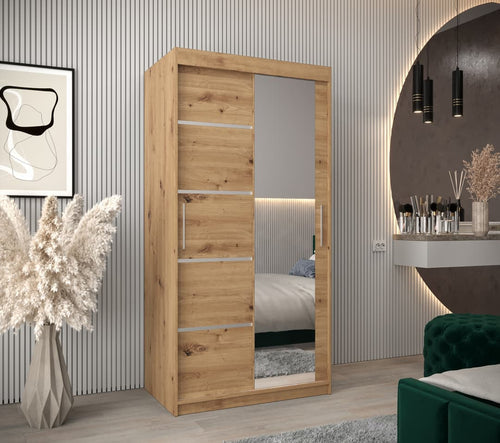 Wooden wardrobe with mirror in a bedroom setting