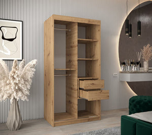 Wooden bookshelf with shelves and drawers in a room with decorative elements.