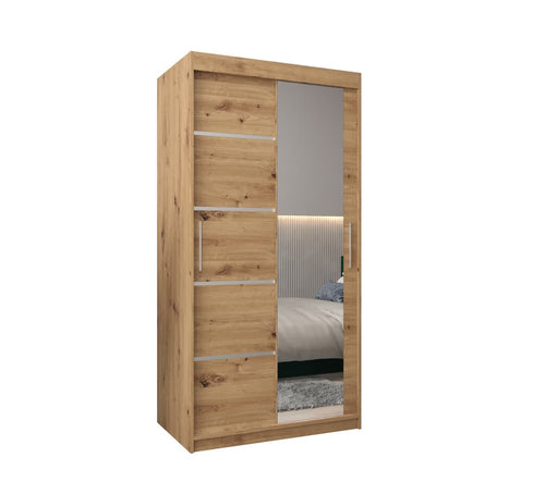 Wooden wardrobe with a mirror on a white background