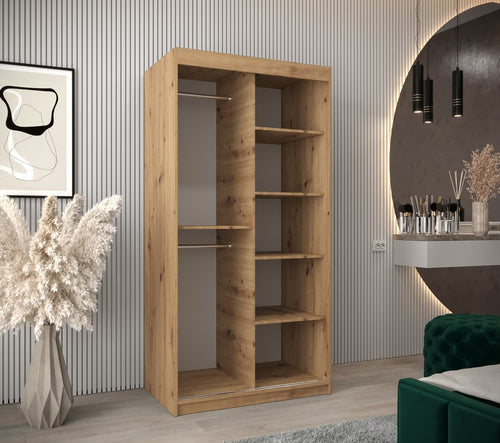Wooden bookshelf in a modern interior setting with decor elements.