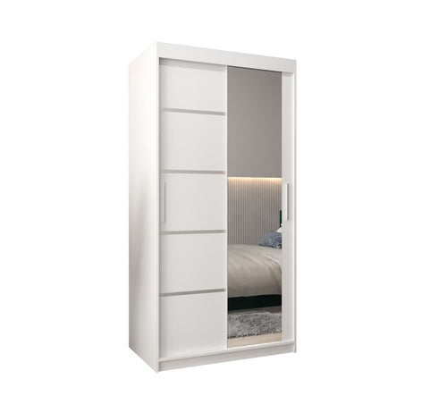 White wardrobe with sliding mirror door on a white background