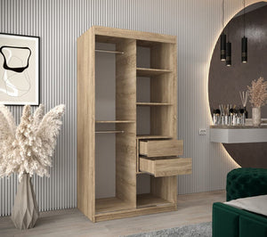 Wooden bookshelf with shelves and drawers in a room with decorative elements.