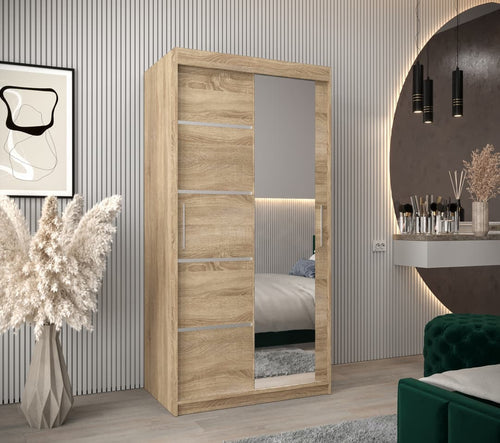 Wooden wardrobe with mirror in a room setting with decor elements.