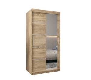 Wooden wardrobe with mirror panel on a white background