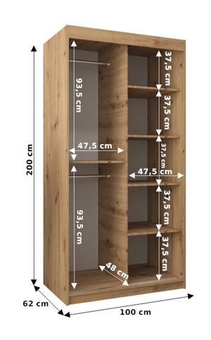 Wooden wardrobe with dimensions indicated on a white background
