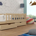 Children's room with a wooden bed, toys, and decorative elements.