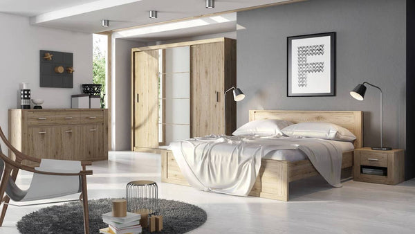 Modern bedroom with wooden furniture, including a bed, wardrobe, and side tables.