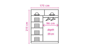 Measurement chart of a wardrobe with dimensions labeled