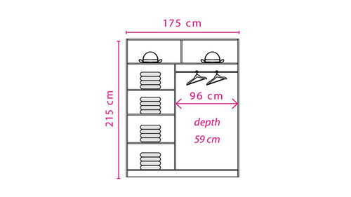 Measurement chart of a wardrobe with dimensions labeled