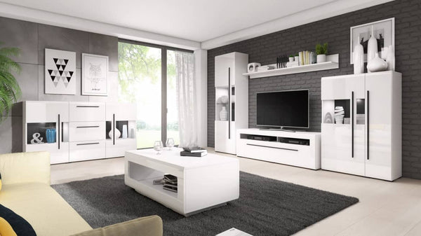Modern living room with white furniture and decor