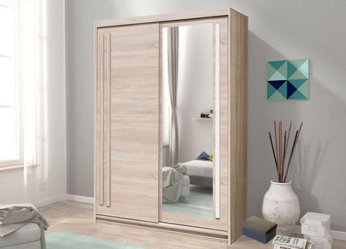 Wooden wardrobe with mirror in a bedroom setting