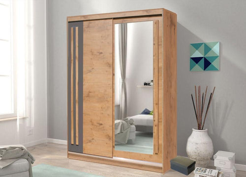 Wooden wardrobe with sliding doors in a room setting