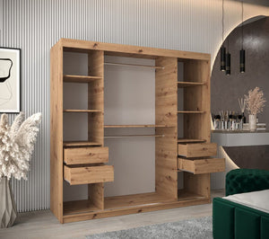 Wooden wardrobe with shelves and drawers in a room setting