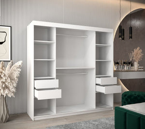 White wardrobe with shelves and drawers in a room setting