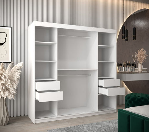 White wardrobe with shelves and drawers in a room setting