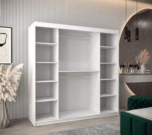 White wardrobe with shelves in a room with a decorative wall and furniture.