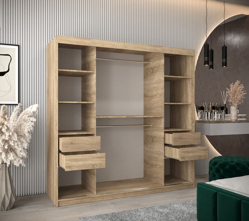Wooden wardrobe with shelves and drawers in a room setting