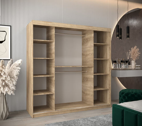 Wooden wardrobe with shelves in a room setting