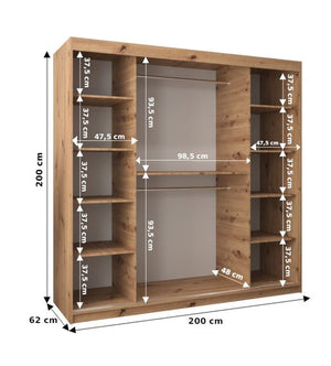 Wooden wardrobe with dimensions labeled on a white background
