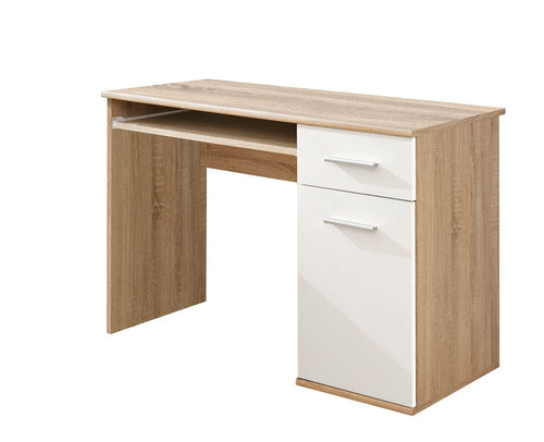 Wooden desk with white drawers on a white background
