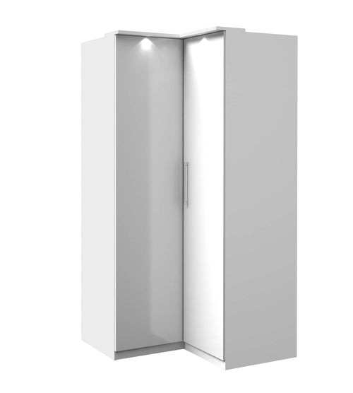 White corner cabinet with open door on a white background