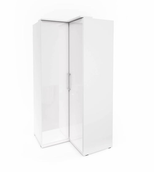 White display case with clear glass front on a white background