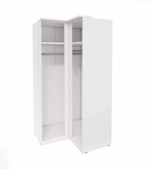 White corner wardrobe with open doors on a white background