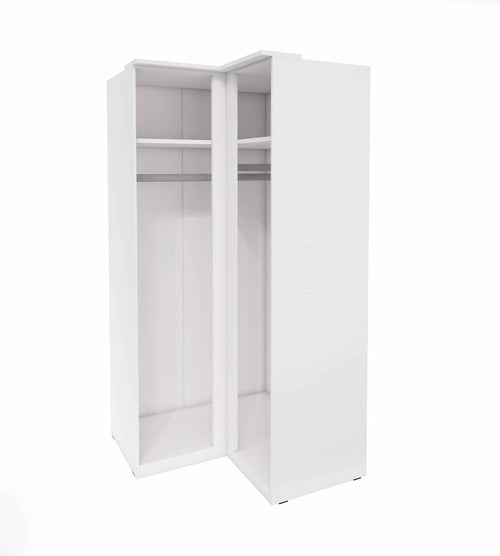 White corner wardrobe with open doors on a white background
