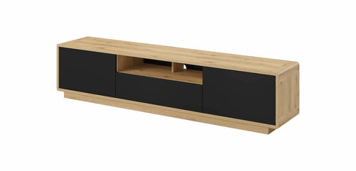 Wooden TV stand with black doors on a white background