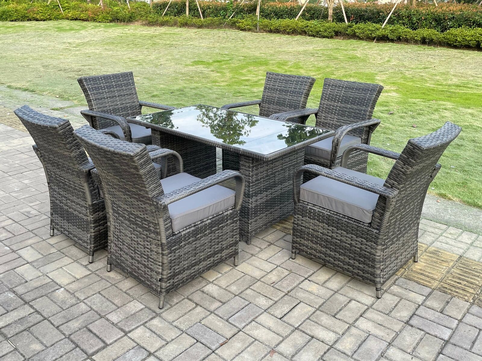 Rattan Garden Furniture Dining Set Table And Chairs Wicker Patio Outdoor 6 chairs plus black tempered glass rectangular table