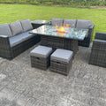 Outdoor Rattan Garden Furniture Gas Fire Pit Dining Table Gas Heater Sets Lounge Chairs Small Footstools Dark Mixed Grey 9 Seater