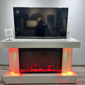 White entertainment console with a TV and built-in fireplace