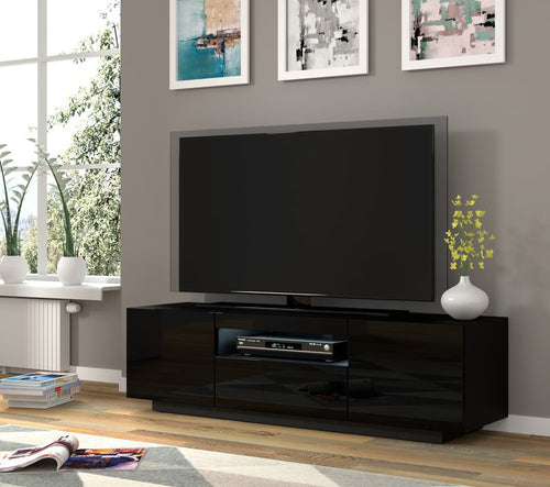 Black TV stand with a large flat-screen TV in a living room setting.
