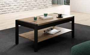 Coffee table with books and cups in a living room setting