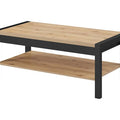 Coffee table with wooden top and shelf on a white background