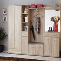 Wooden wardrobe with mirror and shelves in a room setting