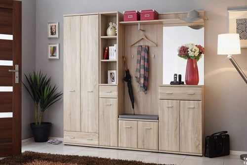 Wooden wardrobe with mirror and shelves in a room setting
