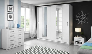 Modern bedroom with white wardrobe, dresser, and bed.