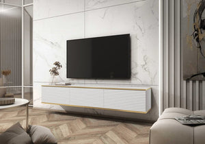 Modern living room with a television mounted on a marble wall.