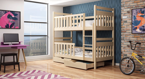 Bunk bed in a room with a desk, bicycle, and colorful wall art.