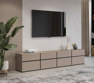 Modern living room with a television mounted on the wall above a beige entertainment console.