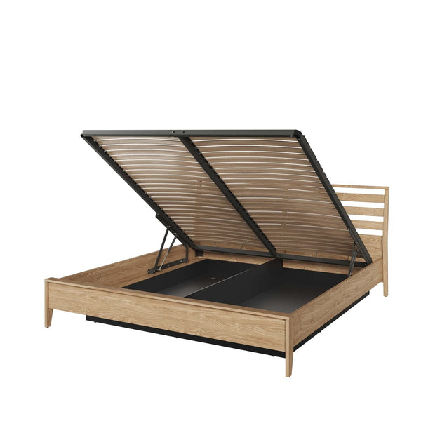 Wooden bed frame with raised platform on a white background