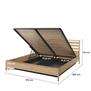 Wooden bed frame with dimensions labeled on a white background
