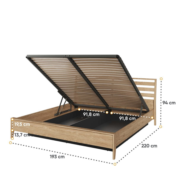 Wooden bed frame with dimensions labeled on a white background