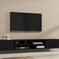 Black TV stand with a flat-screen TV mounted on a beige wall.