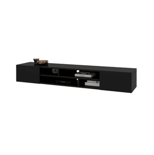 Black TV stand with shelves on a white background