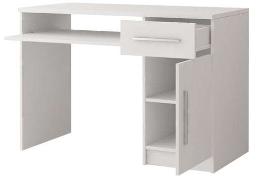 White office desk with a drawer and cabinet on a white background