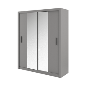 Gray wardrobe with sliding mirror doors on a white background